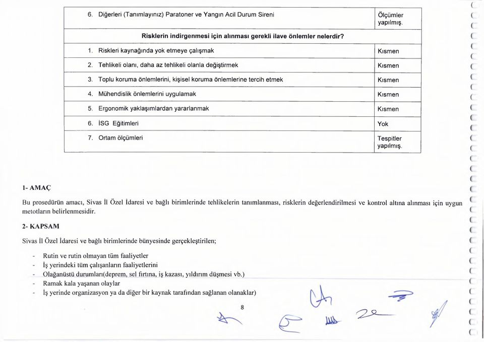 Mühendislik önlemlerini uygulamak Kısmen 5. Ergonomik yaklaşımlardan yararlanmak Kısmen 6. İSG Eğitimleri Yok 7. Ortam ölçümleri Tespitler yapılmış.