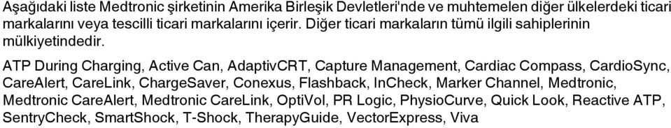 ATP During Charging, Active Can, AdaptivCRT, Capture Management, Cardiac Compass, CardioSync, CareAlert, CareLink, ChargeSaver, Conexus,