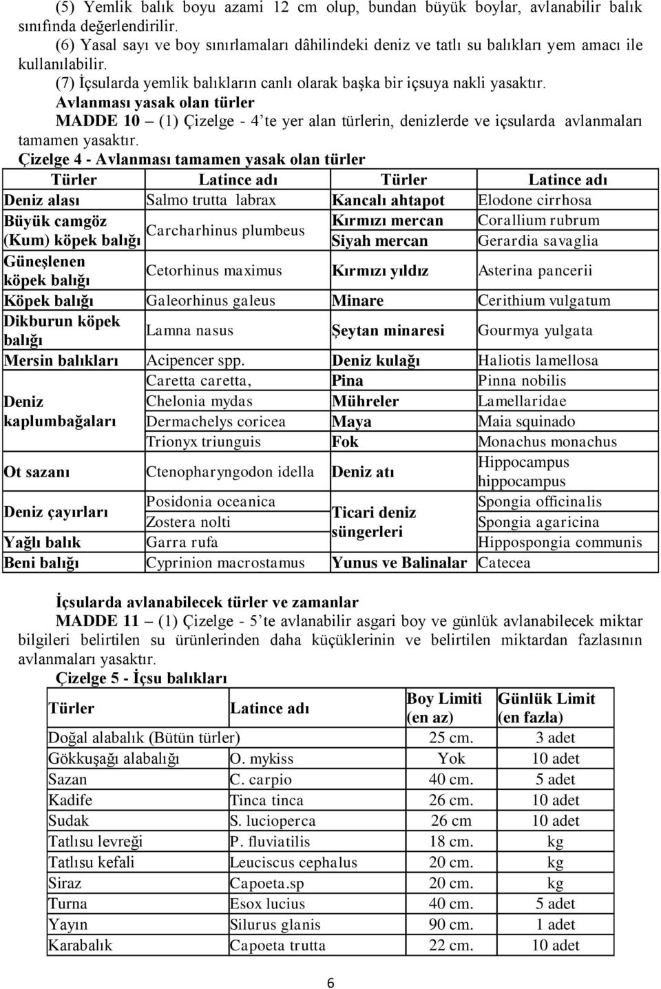 Avlanması yasak olan türler MADDE 10 (1) Çizelge - 4 te yer alan türlerin, denizlerde ve içsularda avlanmaları tamamen yasaktır.