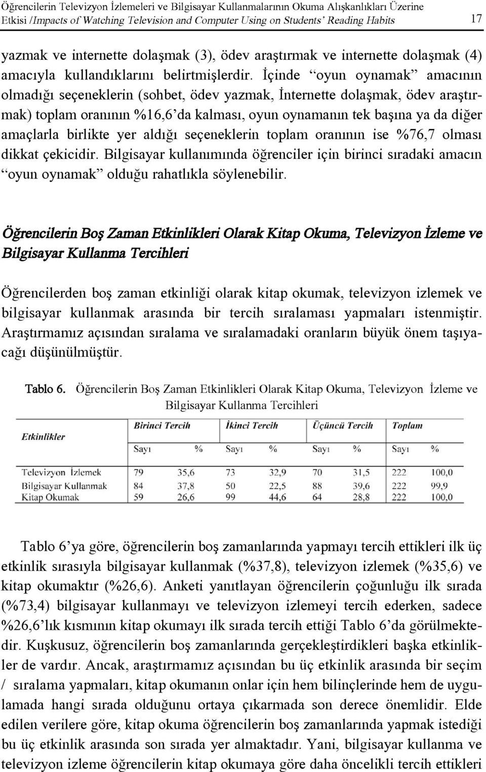 Ýçinde oyun oynamak amacýnýn olmadýðý seçeneklerin (sohbet, ödev yazmak, Ýnternette dolaþmak, ödev araþtýrmak) toplam oranýnýn %16,6 da kalmasý, oyun oynamanýn tek baþýna ya da diðer amaçlarla