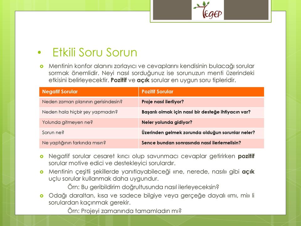 Pozitif Sorular Proje nasıl ilerliyor? Başarılı olmak için nasıl bir desteğe ihtiyacın var? Neler yolunda gidiyor? Üzerinden gelmek zorunda olduğun sorunlar neler?