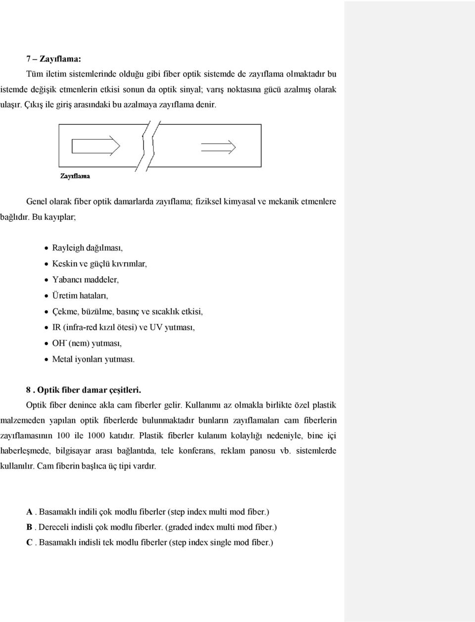 Bu kayıplar; Rayleigh dağılması, Keskin ve güçlü kıvrımlar, Yabancı maddeler, Üretim hataları, Çekme, büzülme, basınç ve sıcaklık etkisi, IR (infra-red kızıl ötesi) ve UV yutması, OH - (nem) yutması,