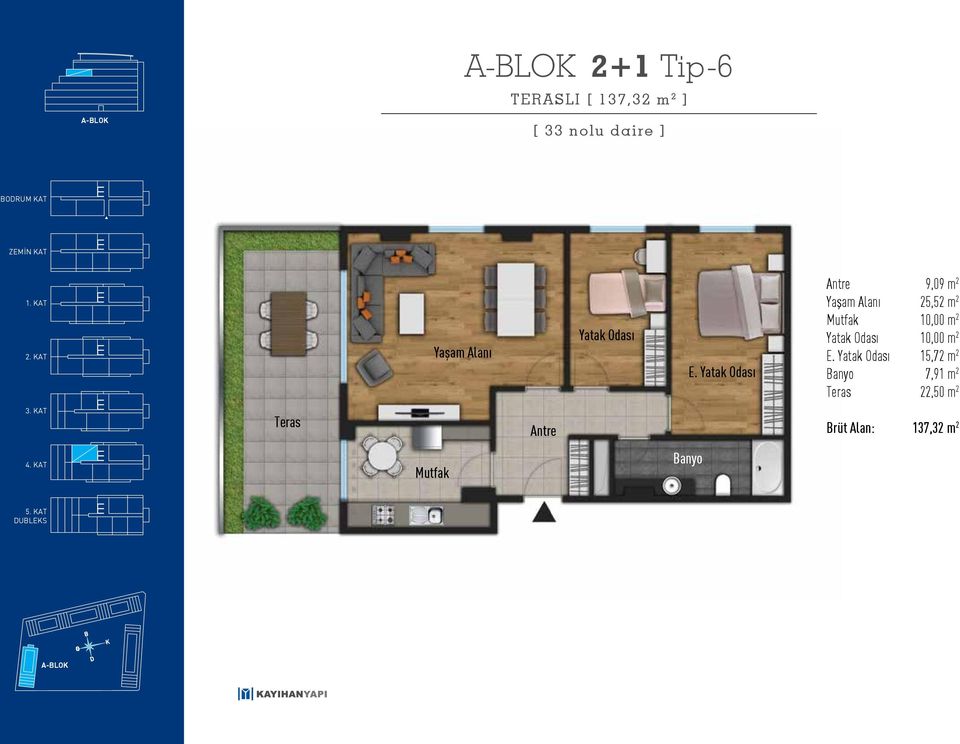 9,09 m 2 25,52 m 2 Mutfak 10,00 m 2 10,00 m 2 E.