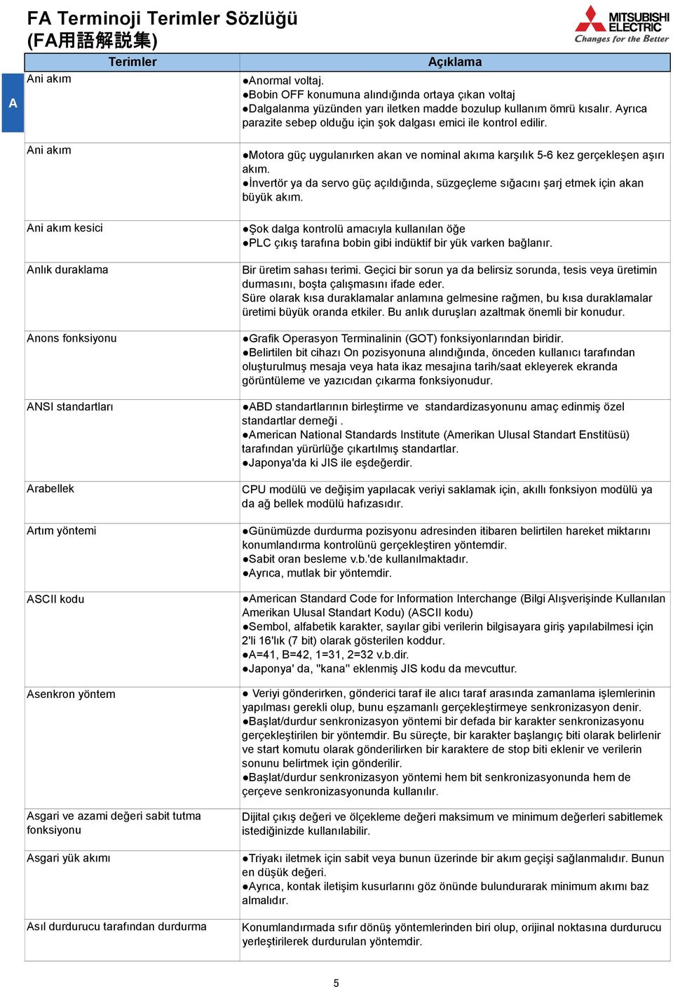 Ani akım Ani akım kesici Anlık duraklama Anons fonksiyonu ANSI standartları Arabellek Artım yöntemi ASCII kodu Asenkron yöntem Asgari ve azami değeri sabit tutma fonksiyonu Asgari yük akımı Asıl