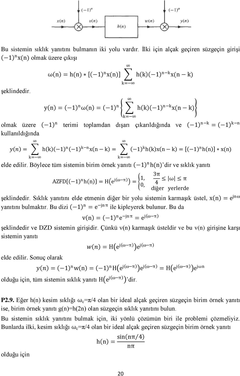 x(n) k= k= elde edilir. Böylece tüm sistemin birim örnek yanıtı n h(n) dir ve sıklık yanıtı AZFD n h n = H e j ω π =, 0, 3π 4 ω π diğer yerlerde şeklindedir.