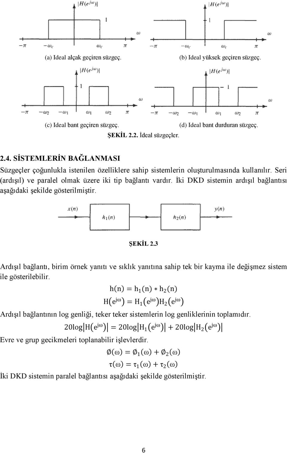 İki DKD sistemin ardışıl bağlantısı aşağıdaki şekilde gösterilmiştir. ġekġl 2.3 Ardışıl bağlantı, birim örnek yanıtı ve sıklık yanıtına sahip tek bir kayma ile değişmez sistem ile gösterilebilir.