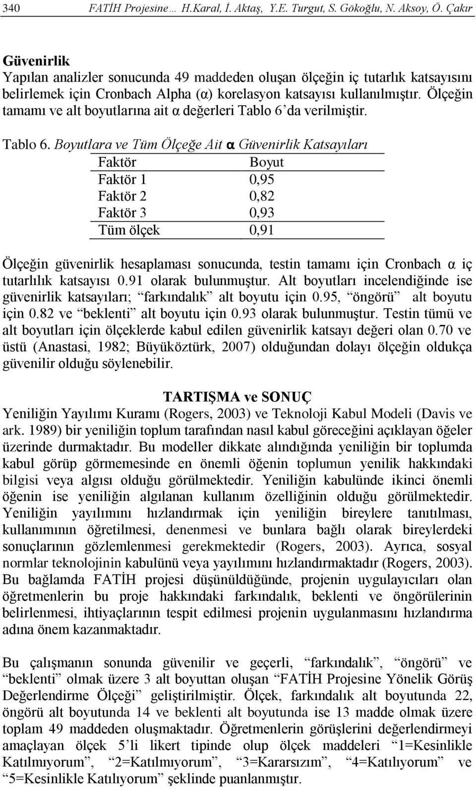 Ölçeğin tamamı ve alt boyutlarına ait α değerleri Tablo 6 