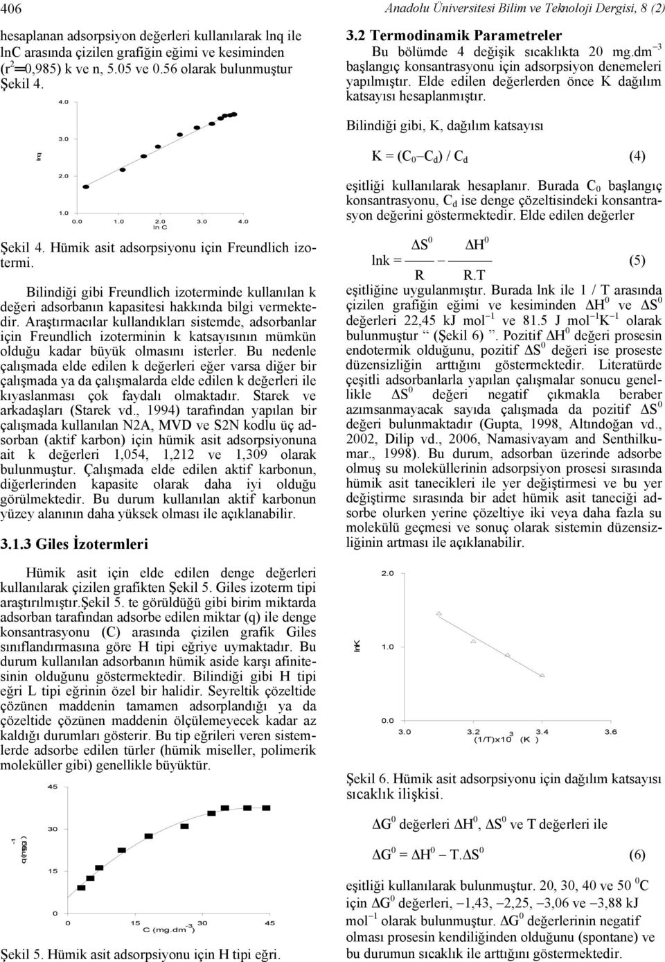 Elde edilen değerlerden önce K dağılım katsayısı hesaplanmıştır. lnq 3.0 Bilindiği gibi, K, dağılım katsayısı K = (C 0 C d ) / C d (4) 2.0 1.0 0.0 1.0 2.0 3.0 4.0 ln C Şekil 4.