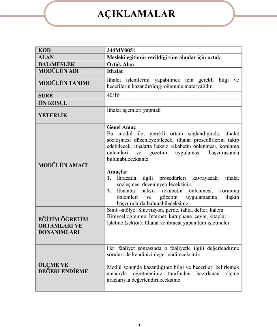 MODÜLÜN AMACI EĞİTİM ÖĞRETİM ORTAMLARI VE DONANIMLARI Genel Amaç Bu modül ile; gerekli ortam sağlandığında, ithalat sözleşmesi düzenleyebilecek, ithalat prosedürlerini takip edebilecek, ithalatta