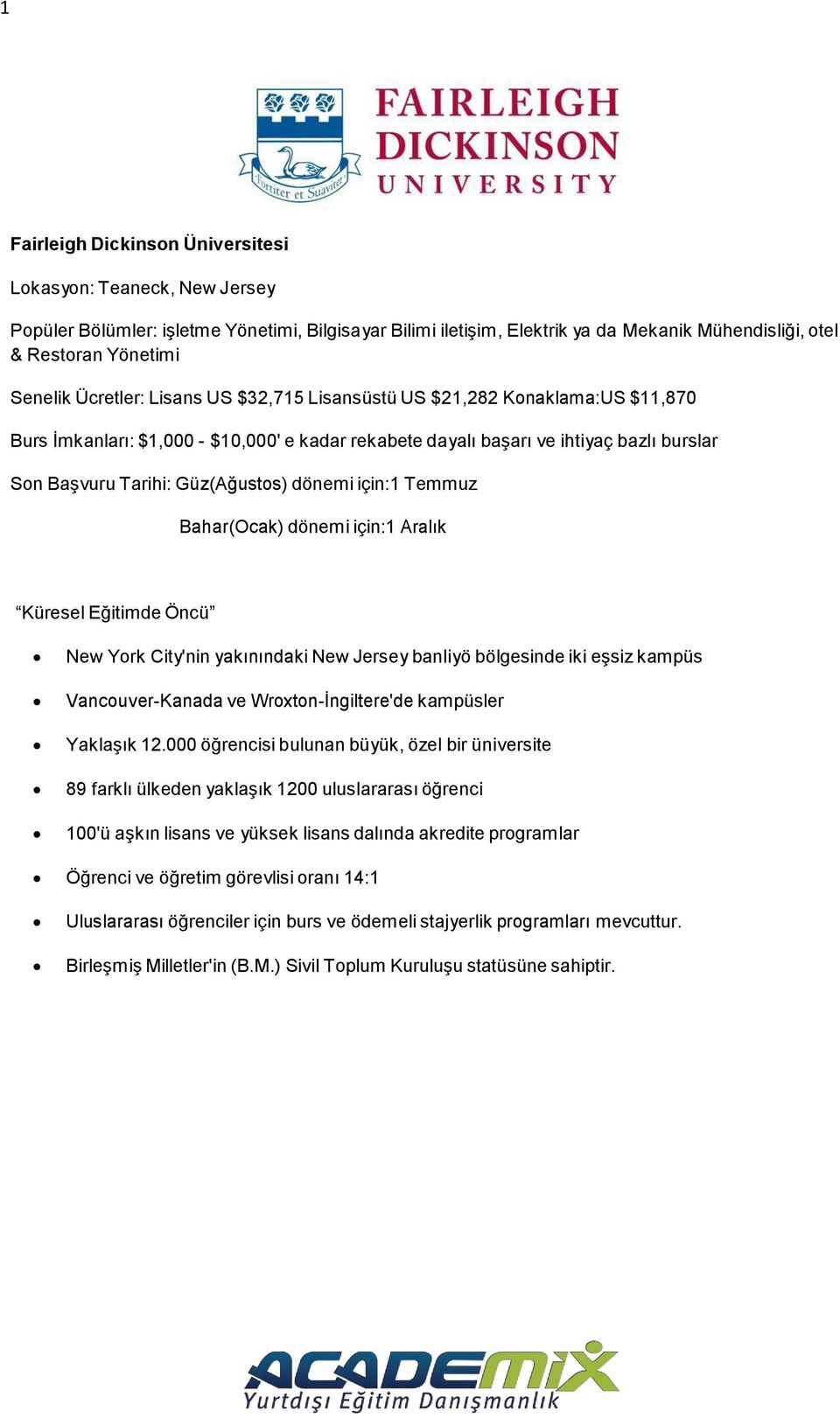 dönemi için:1 Temmuz Bahar(Ocak) dönemi için:1 Aralık Küresel Eğitimde Öncü New York City'nin yakınındaki New Jersey banliyö bölgesinde iki eşsiz kampüs Vancouver-Kanada ve Wroxton-İngiltere'de