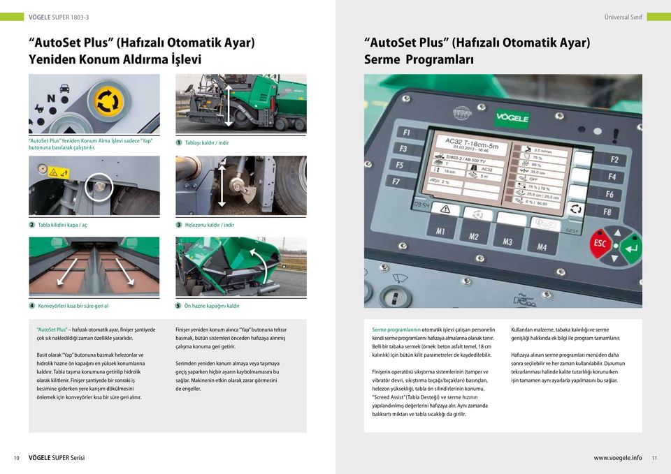 1 Tablayı kaldır / indir 2 Tabla kilidini kapa / aç 3 Helezonu kaldır / indir 4 Konveyörleri kısa bir süre geri al 5 Ön hazne kapağını kaldır AutoSet Plus hafızalı otomatik ayar, finişer şantiyede