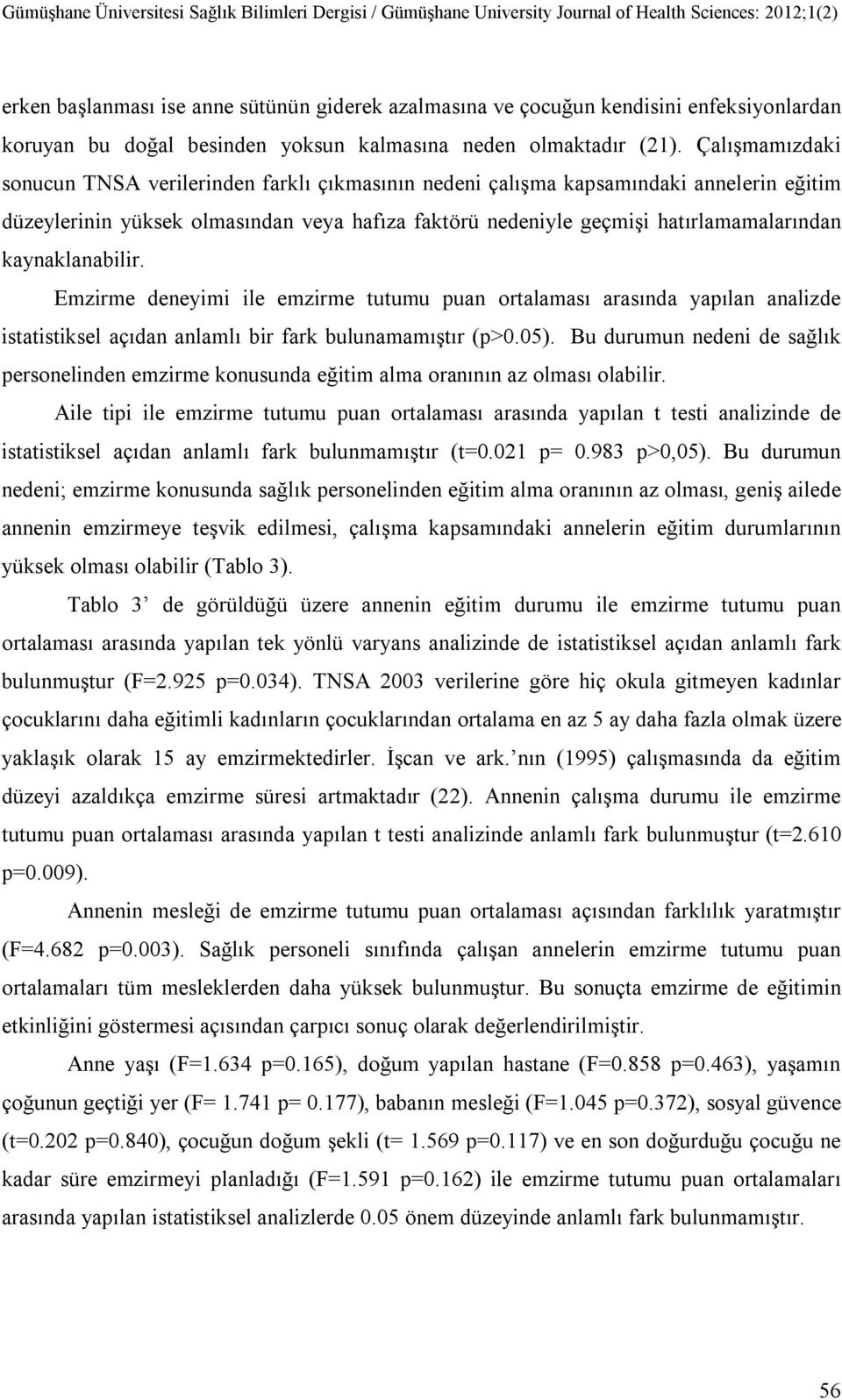 kaynaklanabilir. Emzirme deneyimi ile emzirme tutumu puan ortalaması arasında yapılan analizde istatistiksel açıdan anlamlı bir fark bulunamamıştır (p>0.05).