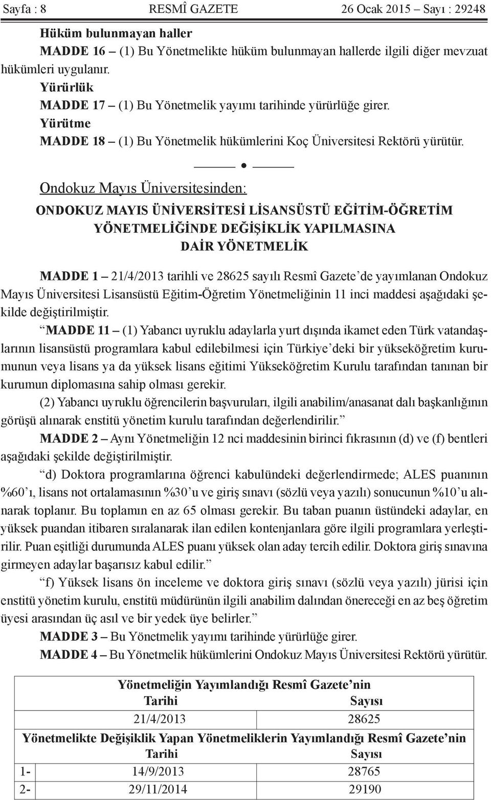 Ondokuz Mayıs Üniversitesinden: ONDOKUZ MAYIS ÜNİVERSİTESİ LİSANSÜSTÜ EĞİTİM-ÖĞRETİM YÖNETMELİĞİNDE DEĞİŞİKLİK YAPILMASINA DAİR YÖNETMELİK MADDE 1 21/4/2013 tarihli ve 28625 sayılı Resmî Gazete de