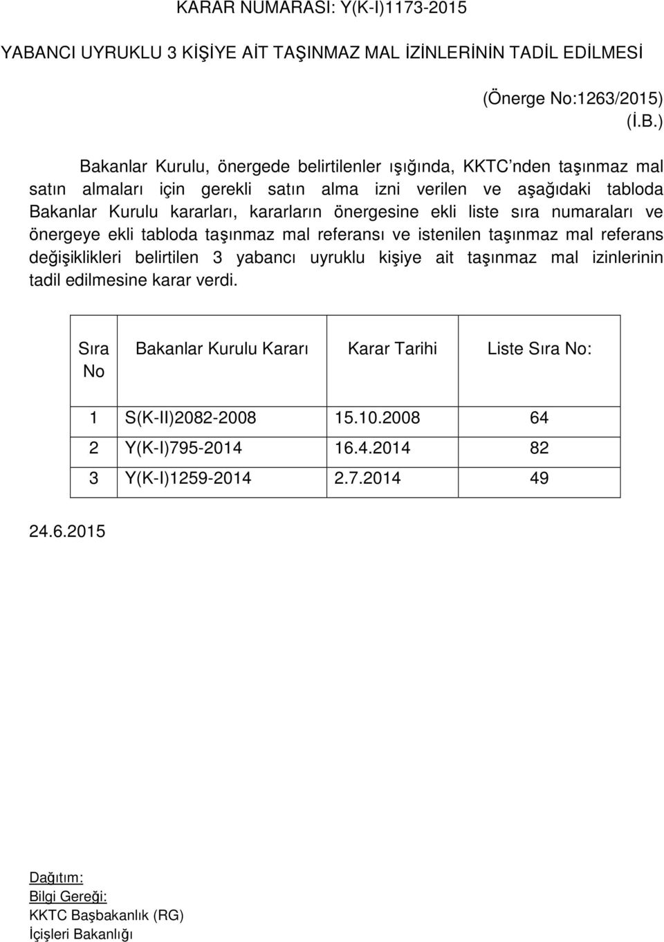 ) Bakanlar Kurulu, önergede belirtilenler ışığında, KKTC nden taşınmaz mal satın almaları için gerekli satın alma izni verilen ve aşağıdaki tabloda Bakanlar Kurulu kararları,