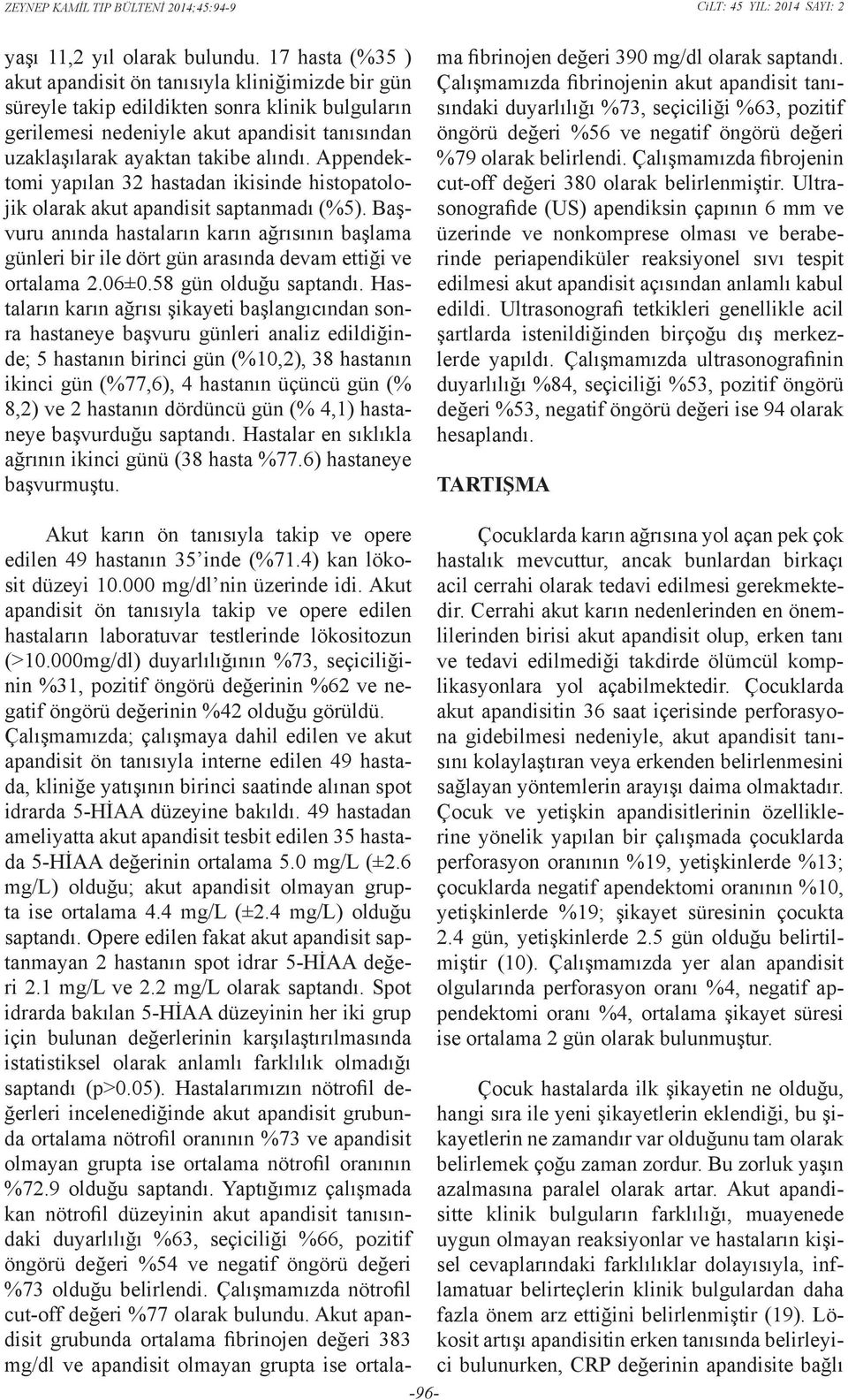 Appendektomi yapılan 32 hastadan ikisinde histopatolojik olarak akut apandisit saptanmadı (%5).