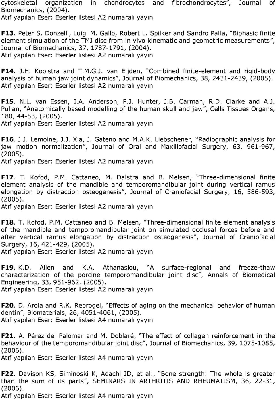 Koolstra and T.M.G.J. van Eijden, Combined finite-element and rigid-body analysis of human jaw joint dynamics, Journal of Biomechanics, 38, 2431-2439, (2005). F15. N.L. van Essen, I.A. Anderson, P.J. Hunter, J.