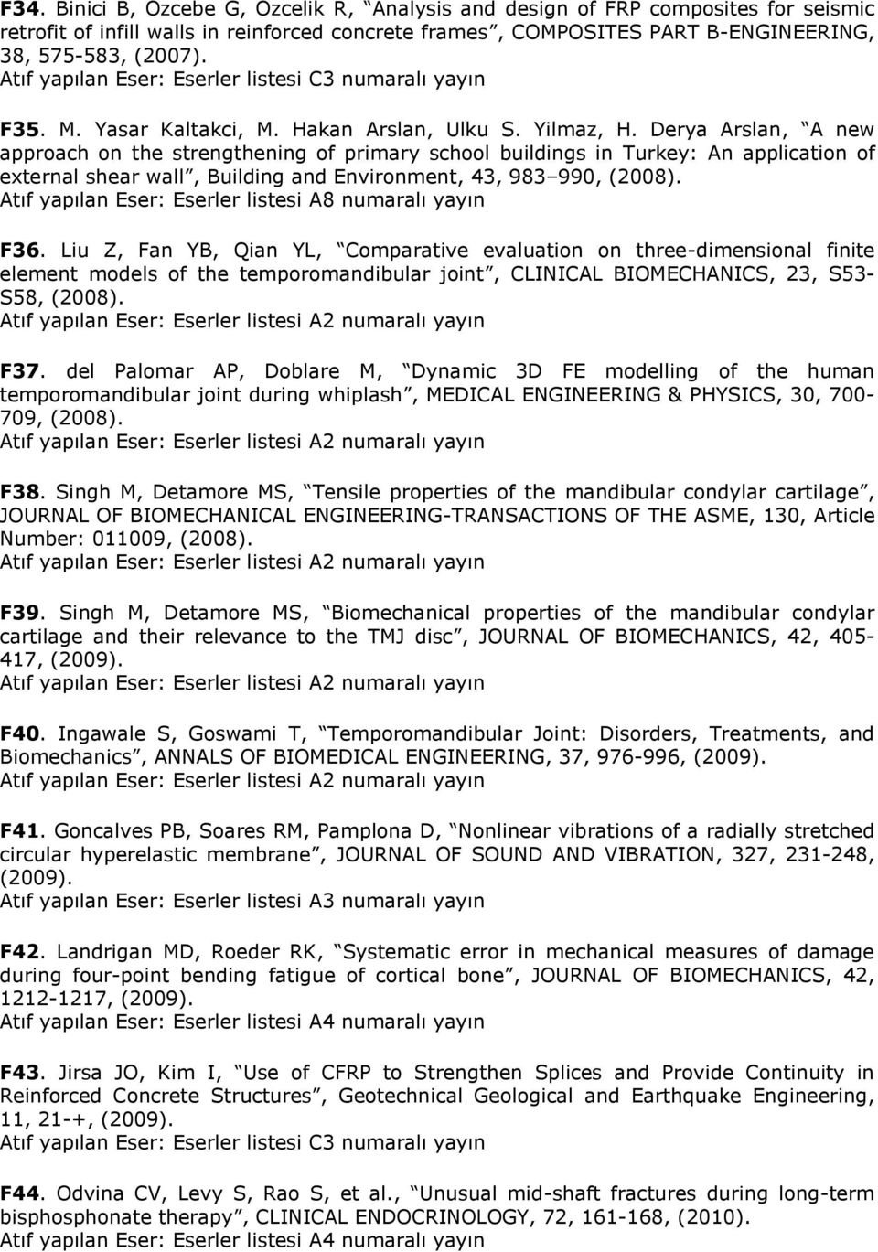 Derya Arslan, A new approach on the strengthening of primary school buildings in Turkey: An application of external shear wall, Building and Environment, 43, 983 990, (2008). F36.