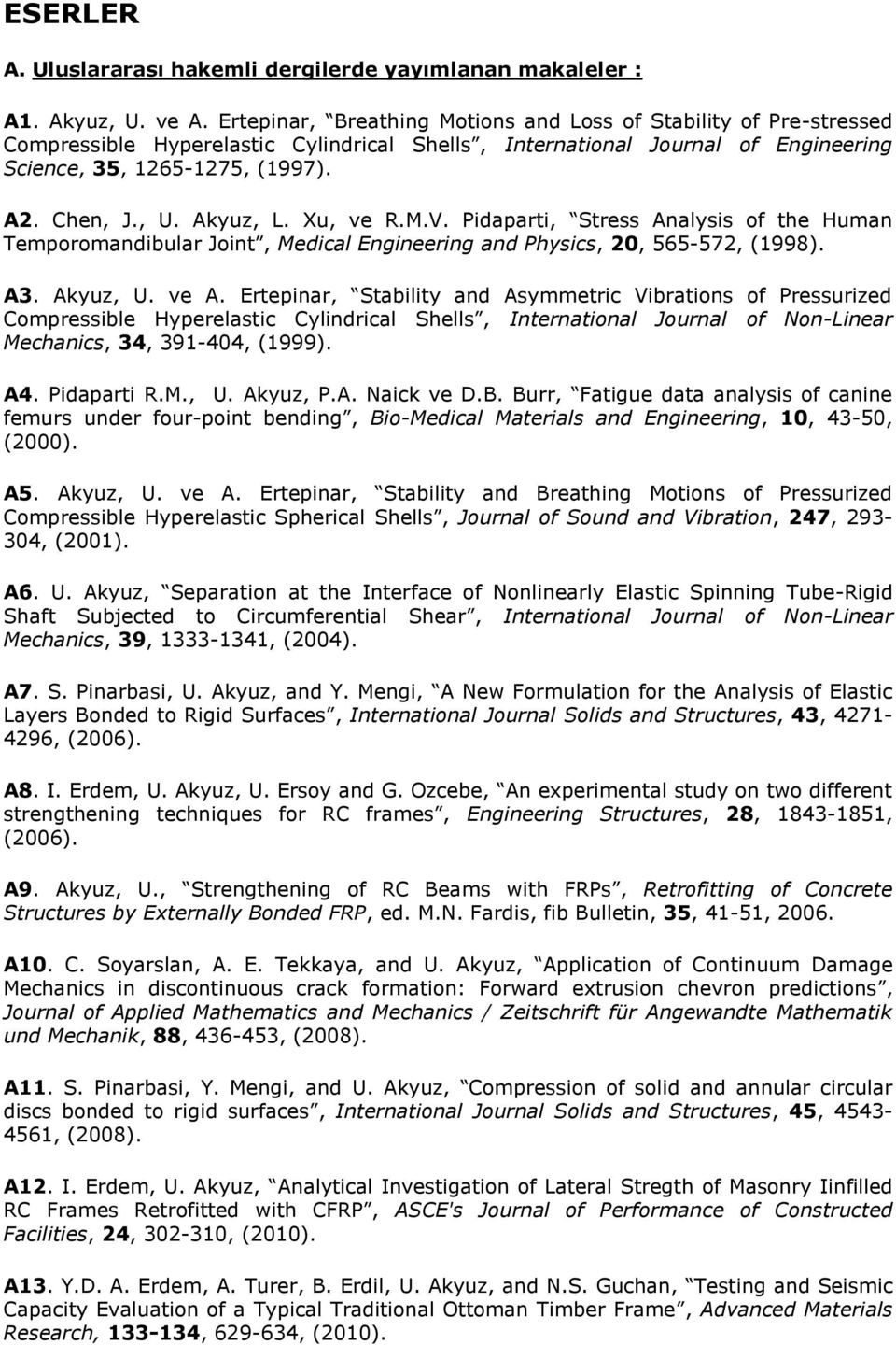 Akyuz, L. Xu, ve R.M.V. Pidaparti, Stress Analysis of the Human Temporomandibular Joint, Medical Engineering and Physics, 20, 565-572, (1998). A3. Akyuz, U. ve A.