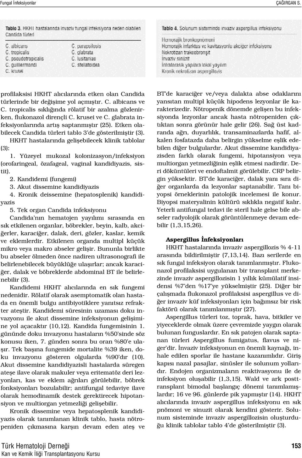 Etken olabilecek Candida türleri tablo 3 de gösterilmifltir (3). HKHT hastalar nda geliflebilecek klinik tablolar (3): 1.