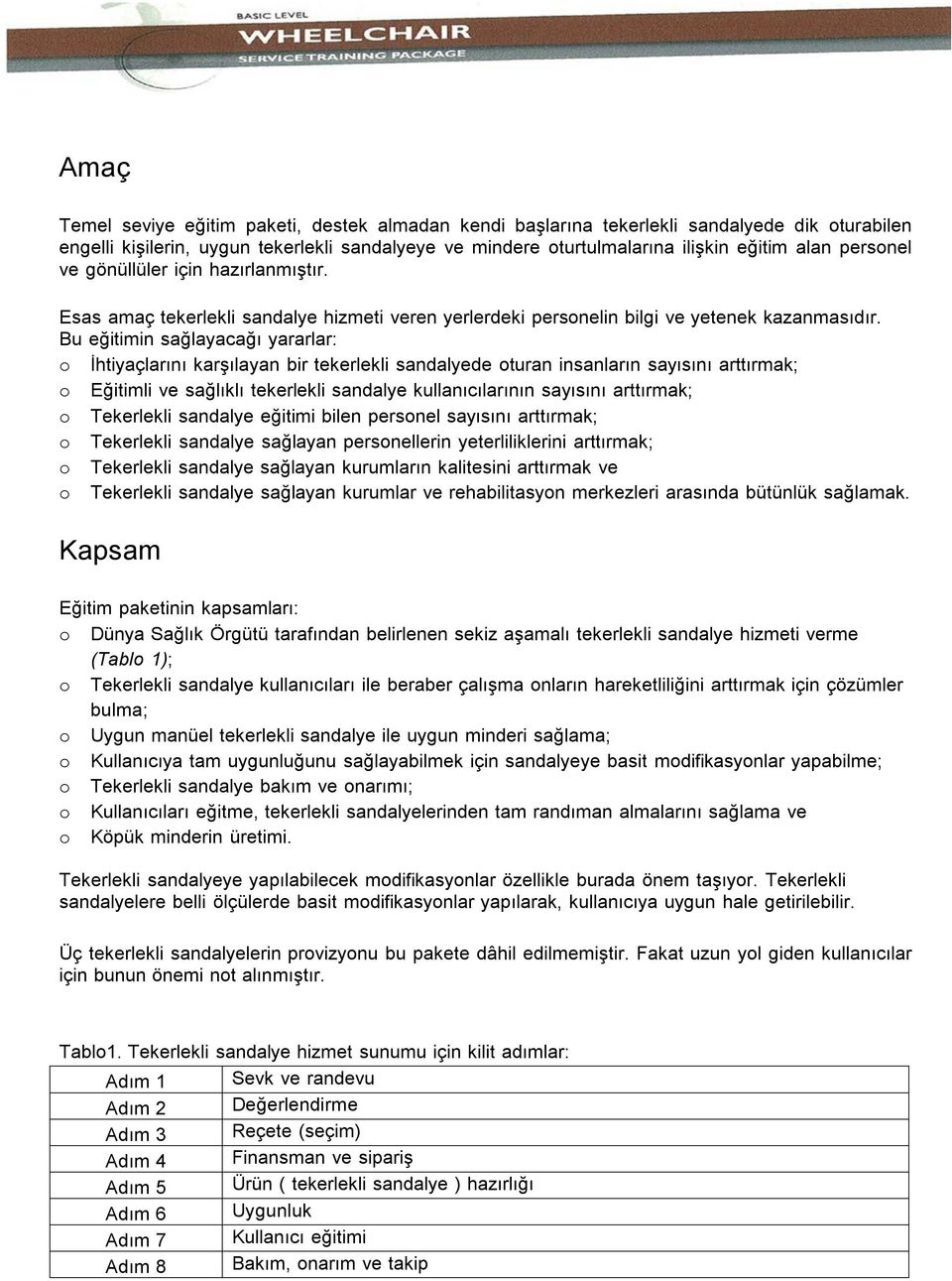 Bu eğitimin sağlayacağı yararlar: İhtiyaçlarını karşılayan bir tekerlekli sandalyede turan insanların sayısını arttırmak; Eğitimli ve sağlıklı tekerlekli sandalye kullanıcılarının sayısını arttırmak;