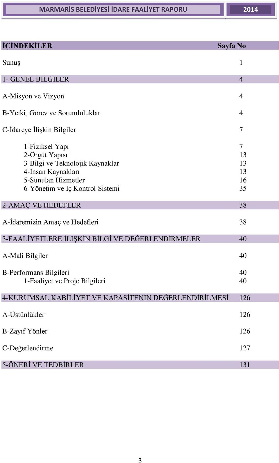 38 A-Ġdaremizin Amaç ve Hedefleri 38 3-FAALĠYETLERE ĠLĠġKĠN BĠLGĠ VE DEĞERLENDĠRMELER 40 A-Mali Bilgiler 40 B-Performans Bilgileri 40 1-Faaliyet ve