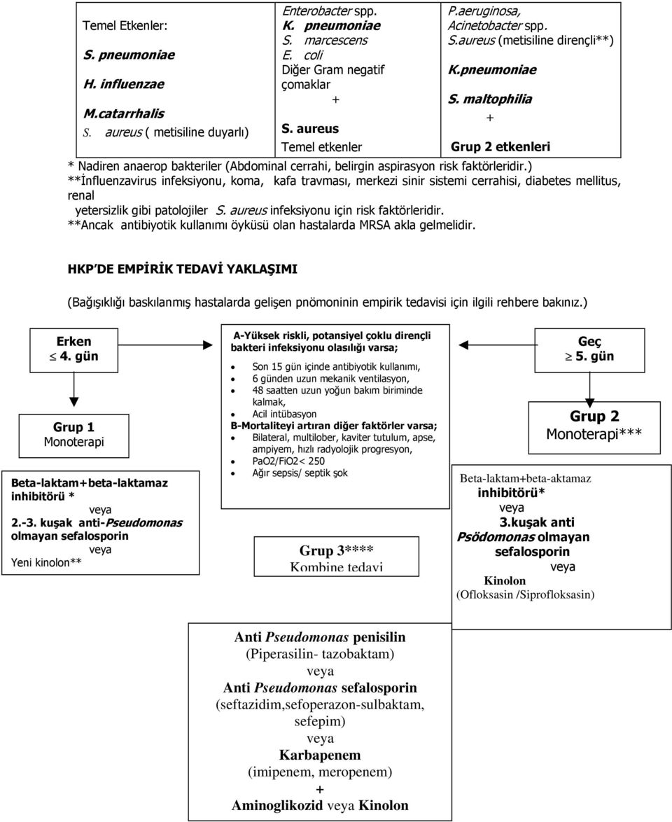 maltophilia + Grup 2 etkenleri * Nadiren anaerop bakteriler (Abdominal cerrahi, belirgin aspirasyon risk faktörleridir.