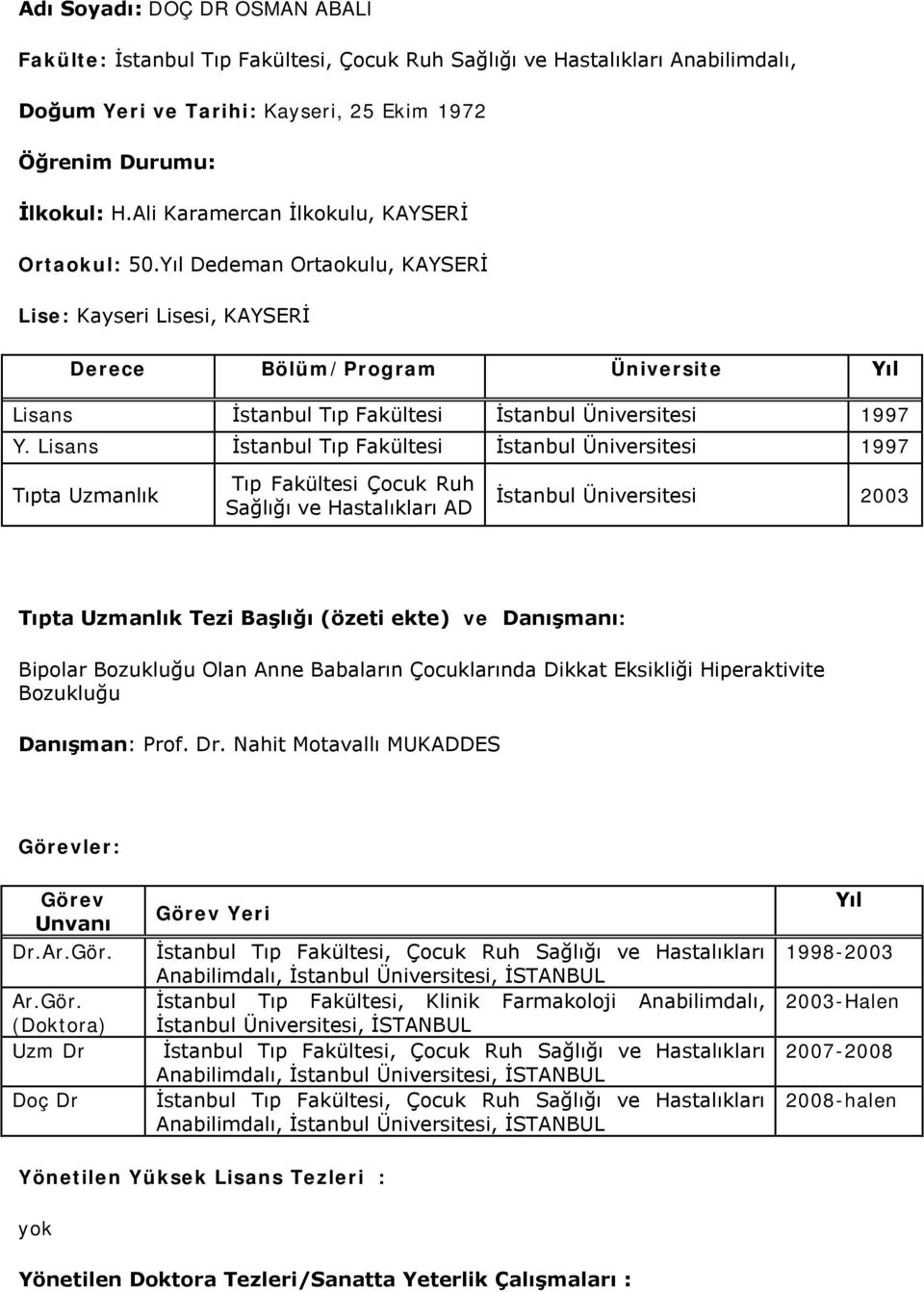 Yıl Dedeman Ortaokulu, KAYSERİ Lise: Kayseri Lisesi, KAYSERİ Derece Bölüm/Program Üniversite Yıl Lisans İstanbul Tıp Fakültesi İstanbul Üniversitesi 1997 Y.