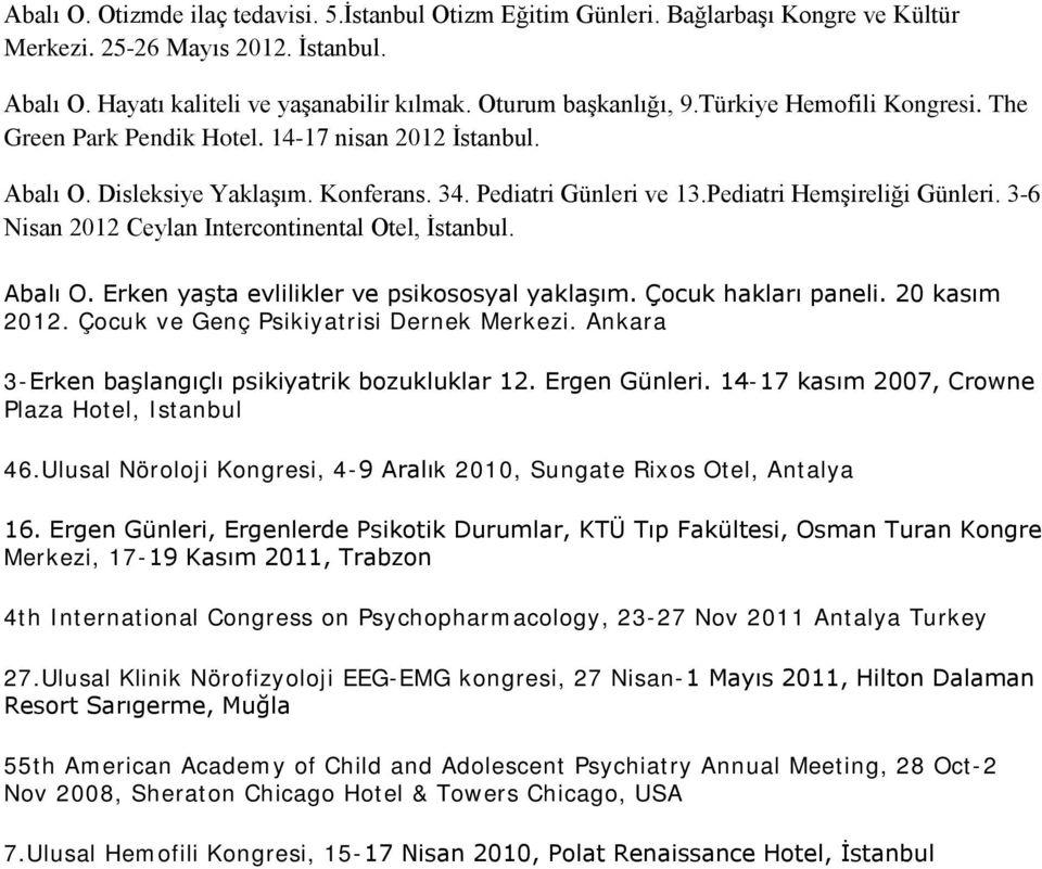 3-6 Nisan 2012 Ceylan Intercontinental Otel, İstanbul. Abalı O. Erken yaşta evlilikler ve psikososyal yaklaşım. Çocuk hakları paneli. 20 kasım 2012. Çocuk ve Genç Psikiyatrisi Dernek Merkezi.