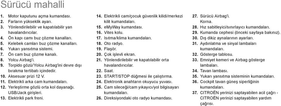 Aksesuar prizi 12 V. 11. Elektrikli arka cam kumandaları. 12. Yerleştirme gözlü orta kol dayanağı. USB/Jack girişleri. 13. Elektrikli park freni. 14.