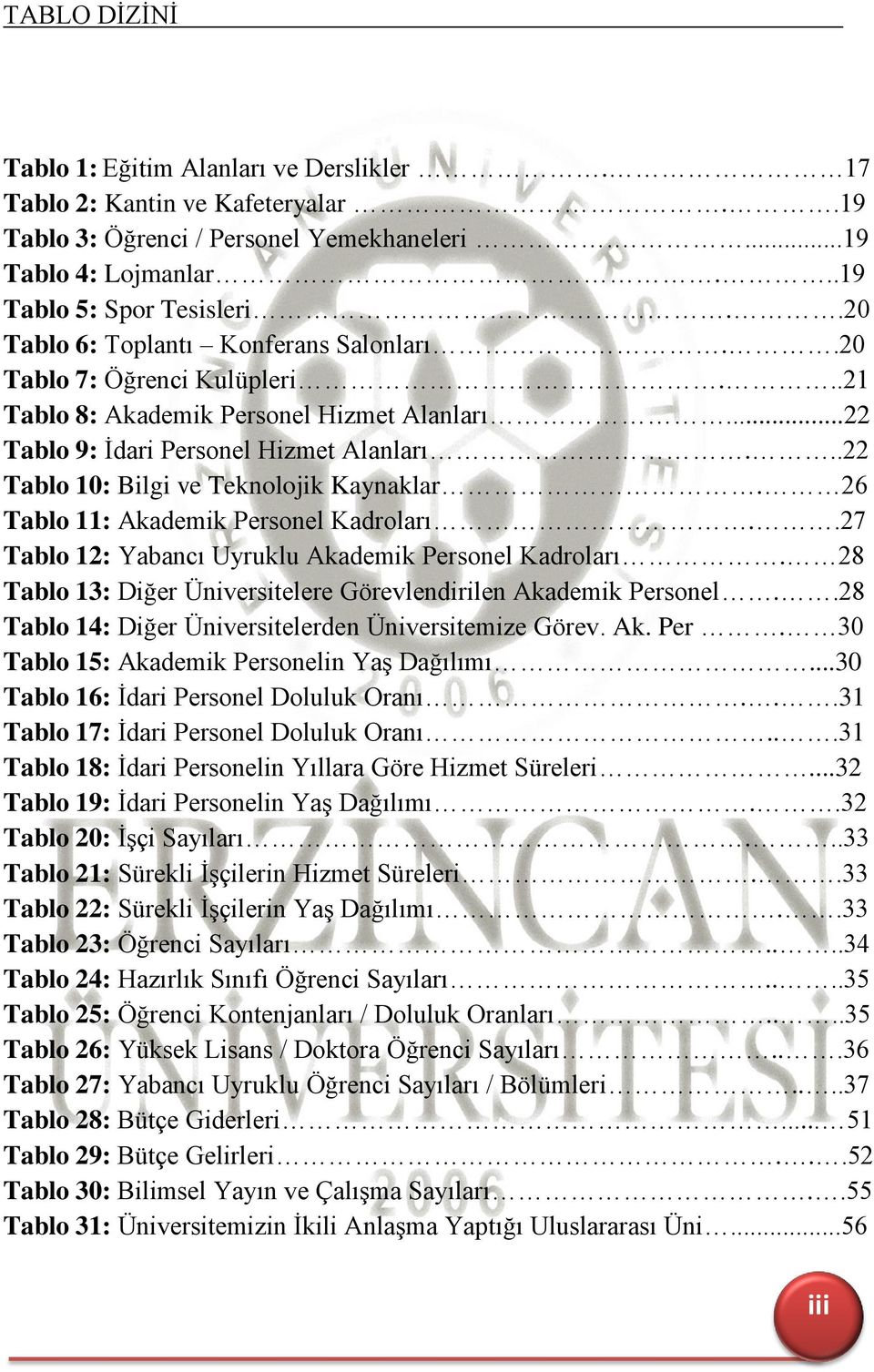 ..22 Tablo 10: Bilgi ve Teknolojik Kaynaklar. 26 Tablo 11: Akademik Personel Kadroları..27 Tablo 12: Yabancı Uyruklu Akademik Personel Kadroları.