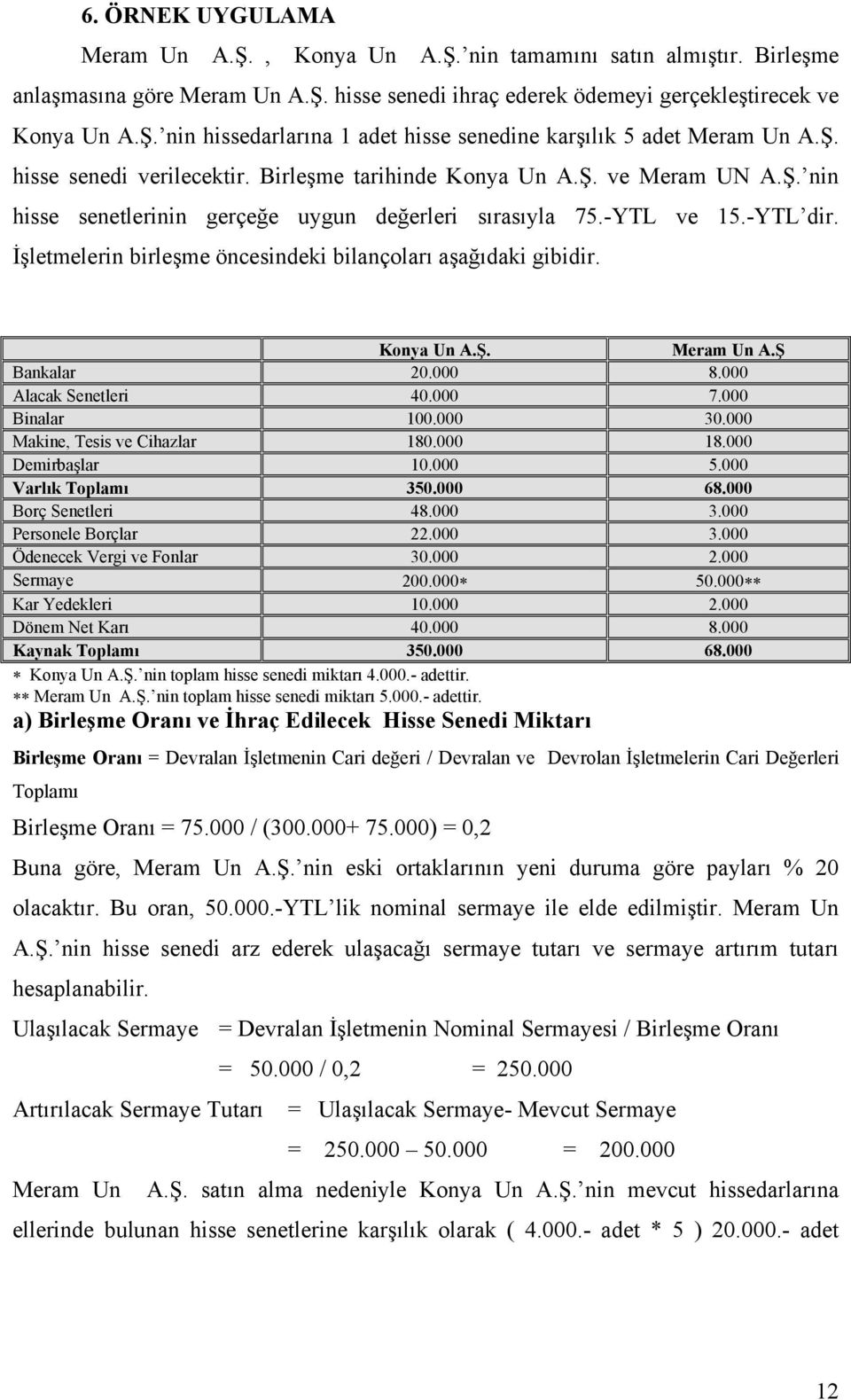 İşletmelerin birleşme öncesindeki bilançoları aşağıdaki gibidir. Konya Un A.Ş. Meram Un A.Ş Bankalar 20.000 8.000 Alacak Senetleri 40.000 7.000 Binalar 100.000 30.000 Makine, Tesis ve Cihazlar 180.