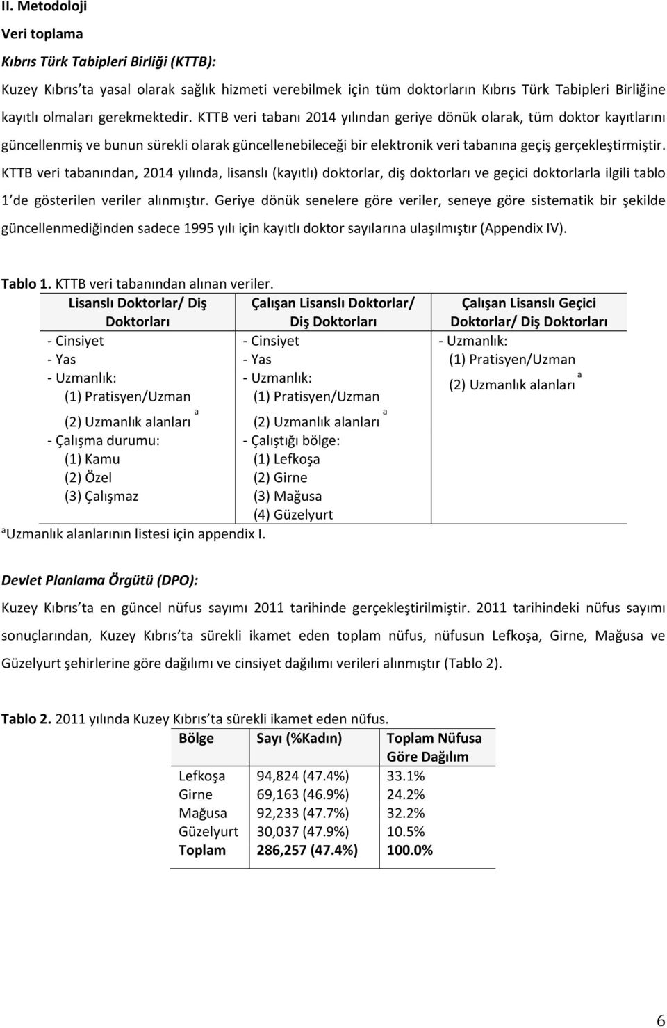 KTTB veri tabanından, 2014 yılında, lisanslı (kayıtlı) doktorlar, diş doktorları ve geçici doktorlarla ilgili tablo 1 de gösterilen veriler alınmıştır.