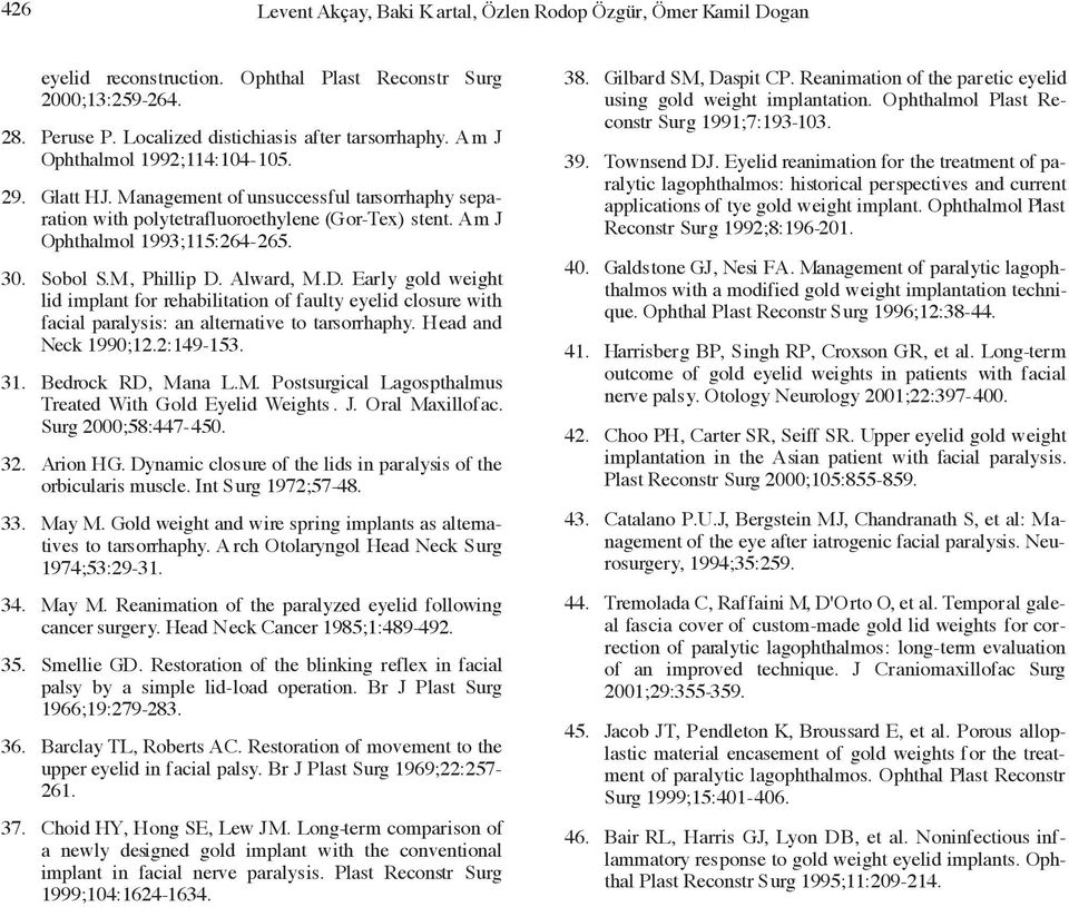 M, Phillip D. Alward, M.D. Early gold weight lid implant for rehabilitation of faulty eyelid closure with facial paralysis: an alternative to tarsorrhaphy. Head and Neck 1990;12.2:149-153. 31.