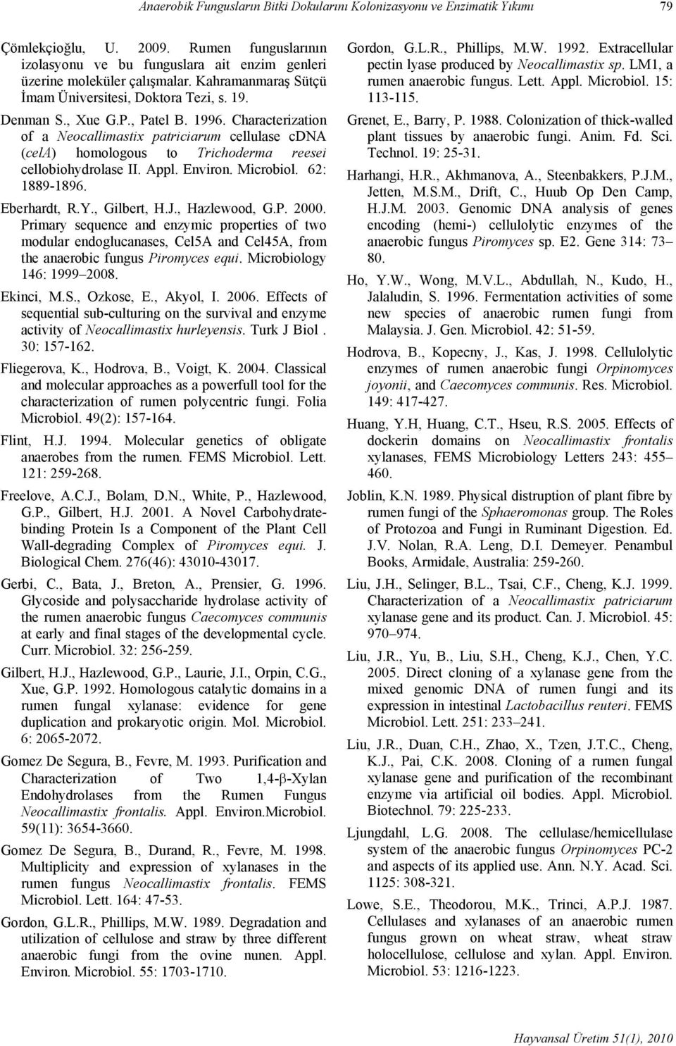 Characterization of a Neocallimastix patriciarum cellulase cdna (cela) homologous to Trichoderma reesei cellobiohydrolase II. Appl. Environ. Microbiol. 62: 1889-1896. Eberhardt, R.Y., Gilbert, H.J.