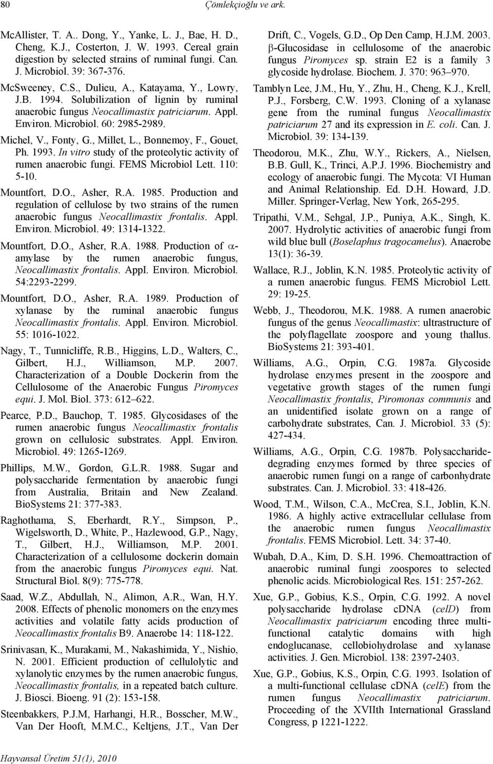 Michel, V., Fonty, G., Millet, L., Bonnemoy, F., Gouet, Ph. 1993. In vitro study of the proteolytic activity of rumen anaerobic fungi. FEMS Microbiol Lett. 110: 5-10. Mountfort, D.O., Asher, R.A. 1985.