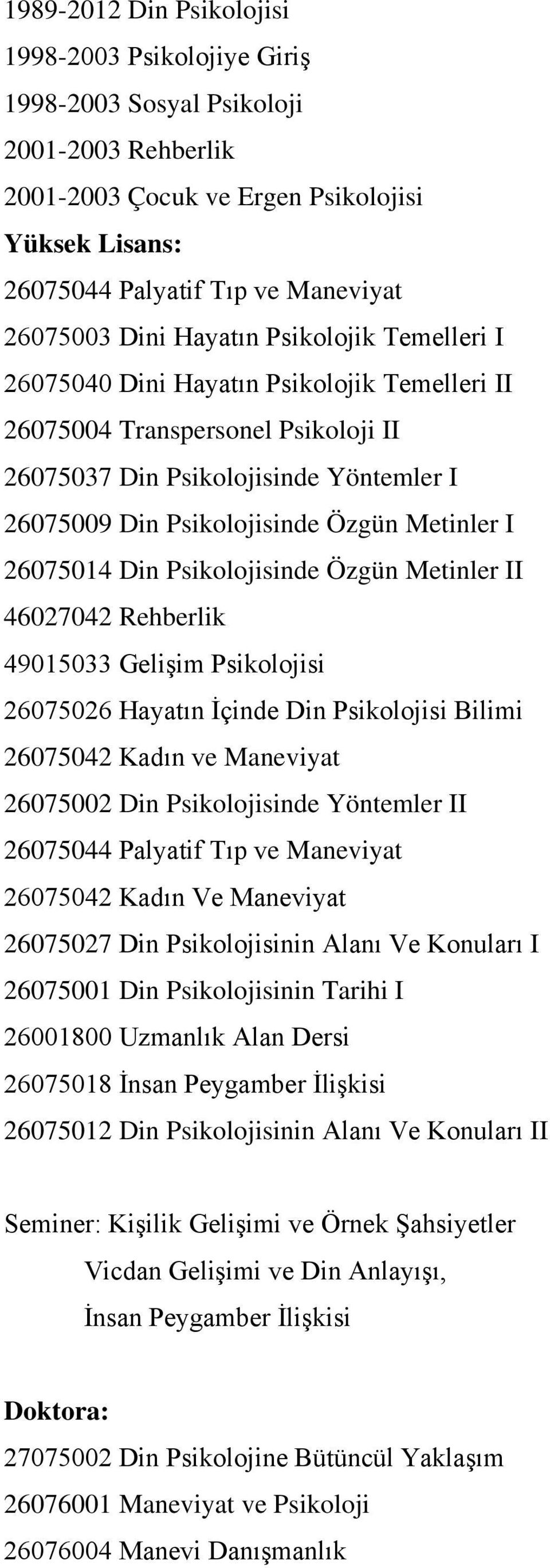 Metinler I 26075014 Din Psikolojisinde Özgün Metinler II 46027042 Rehberlik 49015033 Gelişim Psikolojisi 26075026 Hayatın İçinde Din Psikolojisi Bilimi 26075042 Kadın ve Maneviyat 26075002 Din