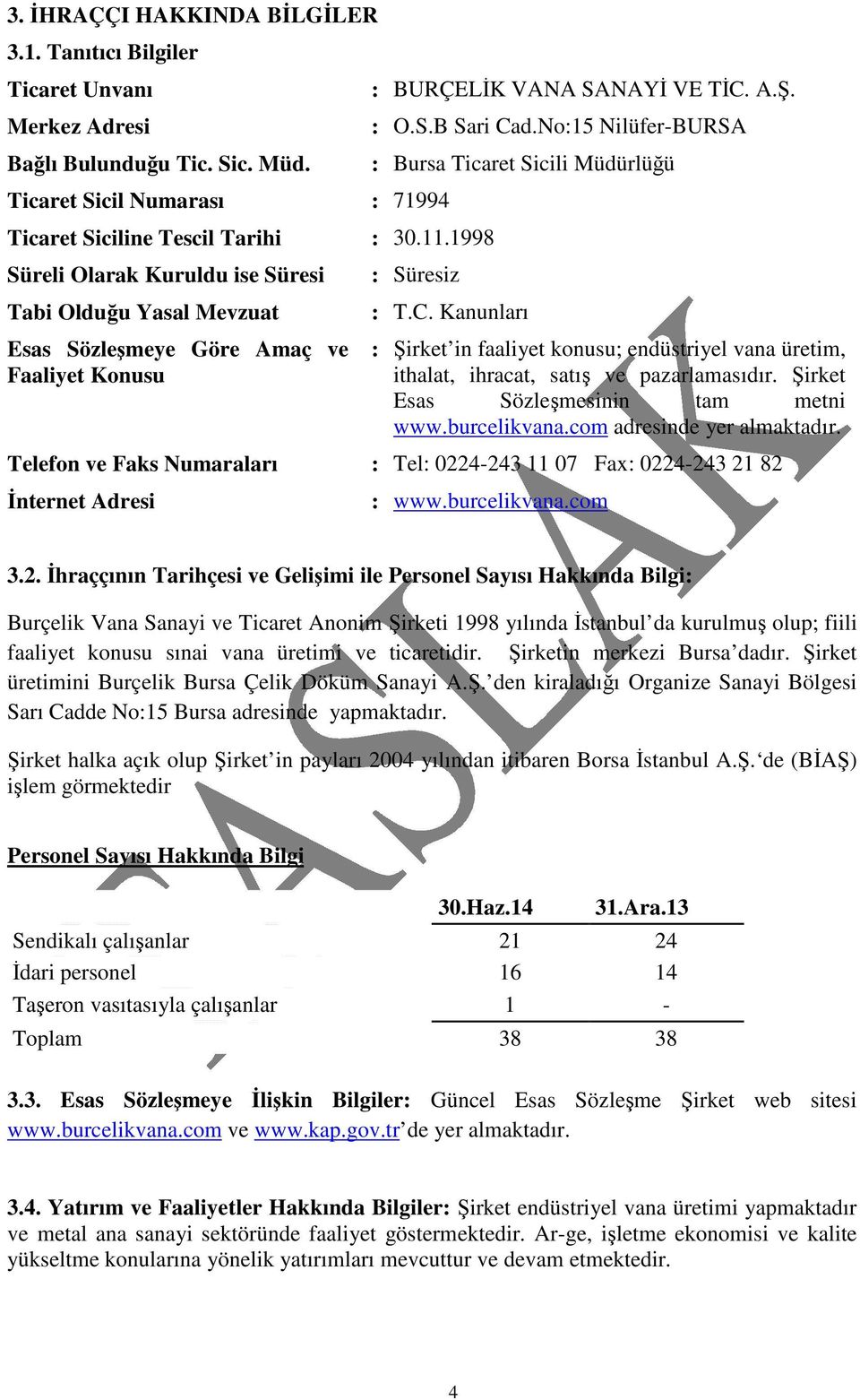 No:15 Nilüfer-BURSA : Bursa Ticaret Sicili Müdürlüü : Süresiz : T.C. Kanunları : irket in faaliyet konusu; endüstriyel vana üretim, ithalat, ihracat, satı ve pazarlamasıdır.