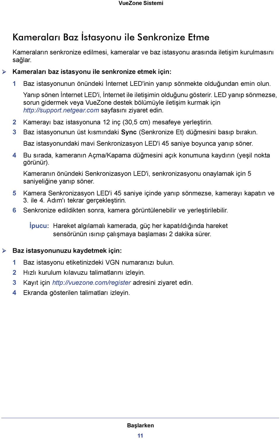 Yanıp sönen İnternet LED'i, İnternet ile iletişimin olduğunu gösterir. LED yanıp sönmezse, sorun gidermek veya VueZone destek bölümüyle iletişim kurmak için http://support.netgear.