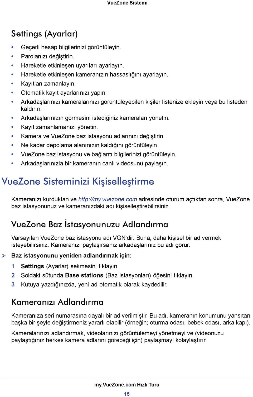 Arkadaşlarınızın görmesini istediğiniz kameraları yönetin. Kayıt zamanlamanızı yönetin. Kamera ve VueZone baz istasyonu adlarınızı değiştirin. Ne kadar depolama alanınızın kaldığını görüntüleyin.