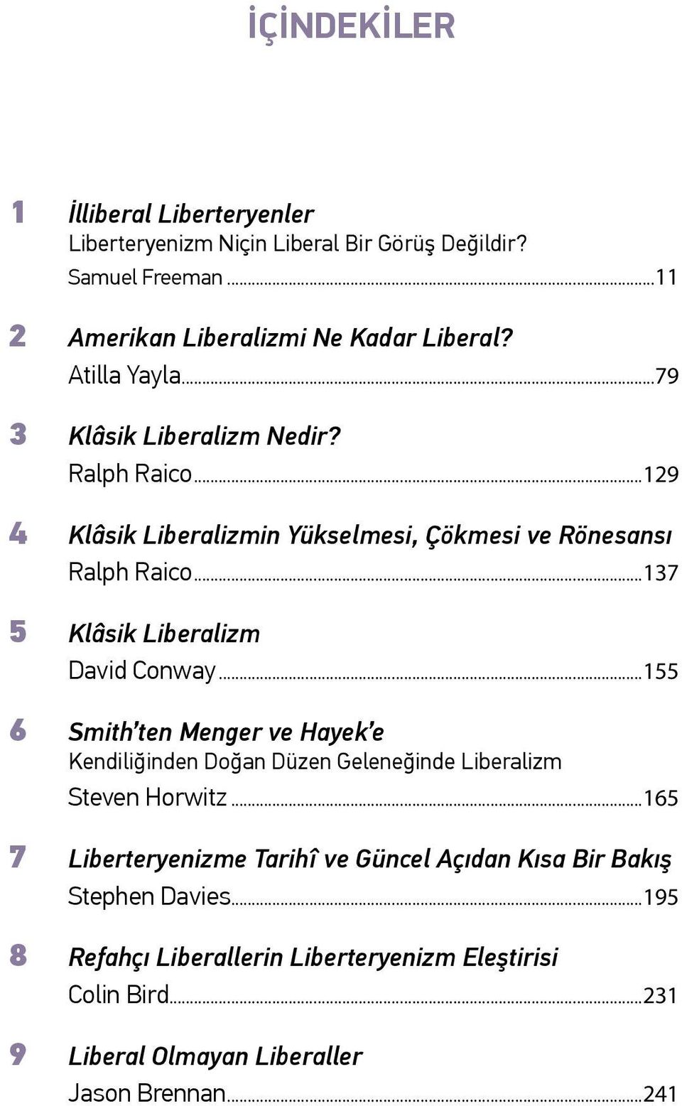 ..137 5 Klâsik Liberalizm David Conway...155 6 Smith ten Menger ve Hayek e Kendiliğinden Doğan Düzen Geleneğinde Liberalizm Steven Horwitz.