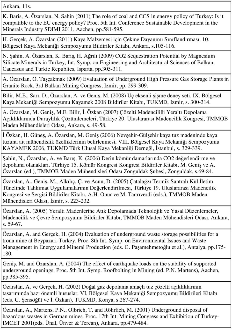 Bölgesel Kaya Mekaniği Sempozyumu Bildiriler Kitabı, Ankara, s.105-116. N. Şahin, A. Özarslan, K. Barış, H. Ağrılı (2009) CO2 Sequestration Potential by Magnesium Silicate Minerals in Turkey, Int.