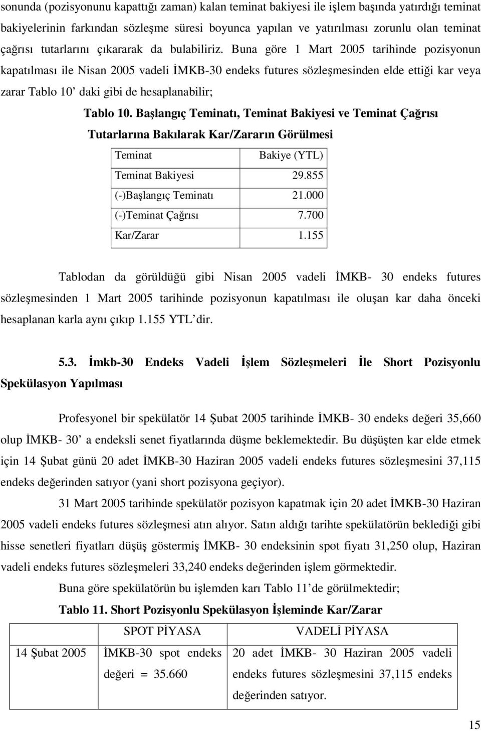 Buna göre 1 Mart 2005 tarihinde pozisyonun kapatılması ile Nisan 2005 vadeli İMKB-30 endeks futures sözleşmesinden elde ettiği kar veya zarar Tablo 10 daki gibi de hesaplanabilir; Tablo 10.