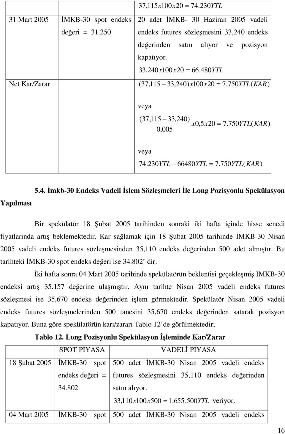 480YTL Net Kar/Zarar ( 37,115 33,240) x 100x20 = 7.750YTL( KAR) veya (37,115 33,240) x 0,5x20 = 7.750YTL( KAR) 0,005 veya 74.230YTL 66480YTL = 7.750YTL( KAR) Yapılması 5.4. İmkb-30 Endeks Vadeli İşlem Sözleşmeleri İle Long Pozisyonlu Spekülasyon Bir spekülatör 18 Şubat 2005 tarihinden sonraki iki hafta içinde hisse senedi fiyatlarında artış beklemektedir.