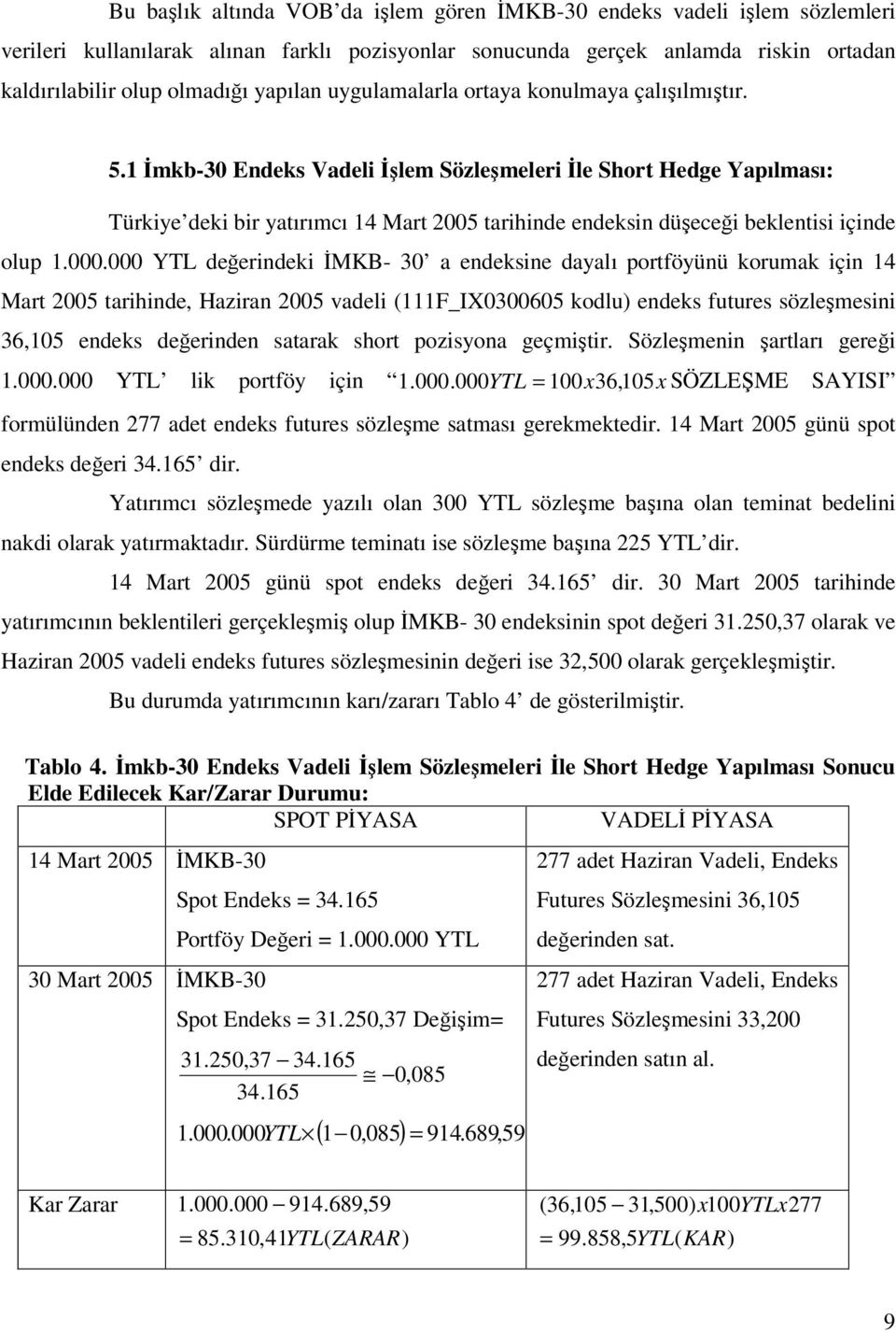 1 İmkb-30 Endeks Vadeli İşlem Sözleşmeleri İle Short Hedge Yapılması: Türkiye deki bir yatırımcı 14 Mart 2005 tarihinde endeksin düşeceği beklentisi içinde olup 1.000.