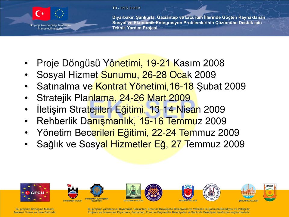 İletişim Stratejileri Eğitimi, 13-14 Nisan 2009 Rehberlik Danışmanlık, 15-16 Temmuz