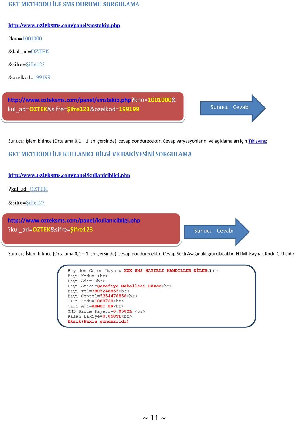 kno=1001000& kul_ad=oztek&=şifre123&ozelkod=199199 Sunucu Cevabı Sunucu; İşlem bitince (Ortalama 0,1 1 sn içersinde) cevap döndürecektir.