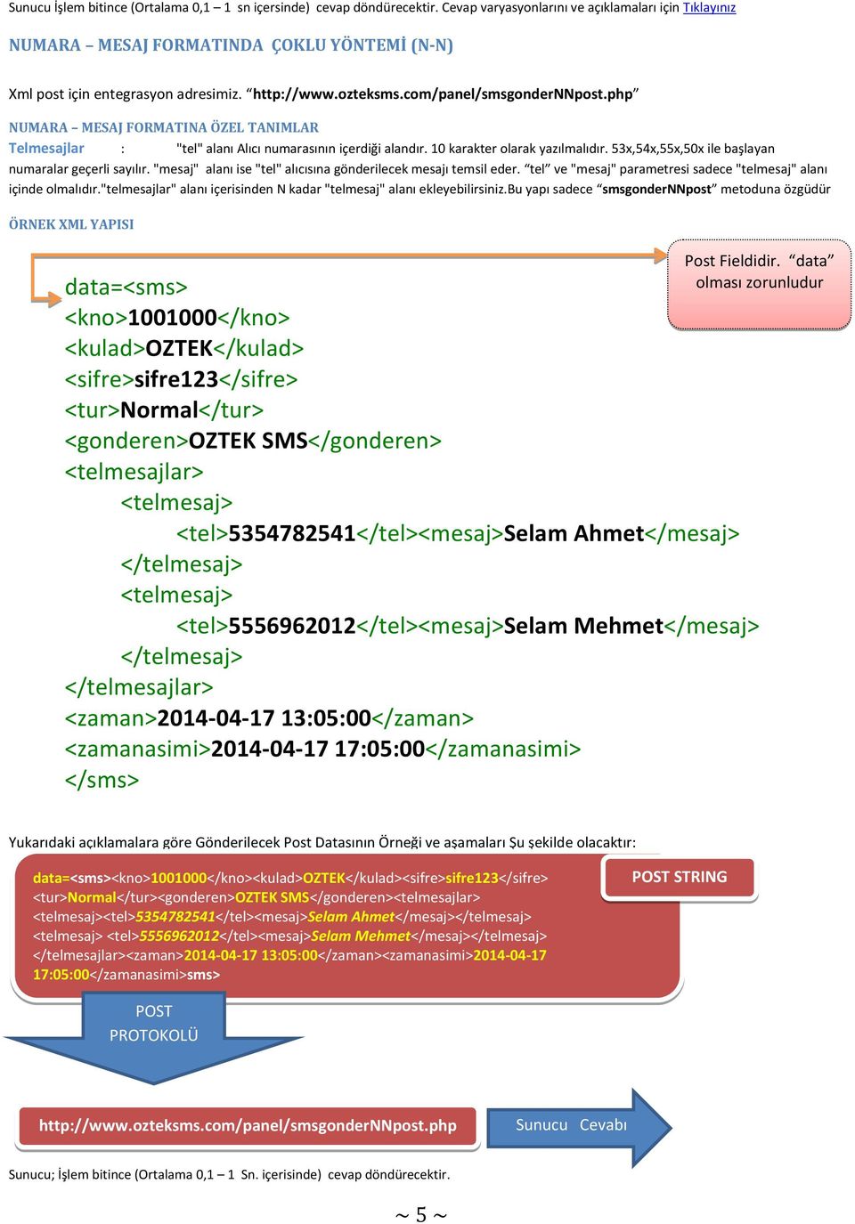 php NUMARA MESAJ FORMATINA ÖZEL TANIMLAR Telmesajlar : "tel" alanı Alıcı numarasının içerdiği alandır. 10 karakter olarak yazılmalıdır. 53x,54x,55x,50x ile başlayan numaralar geçerli sayılır.