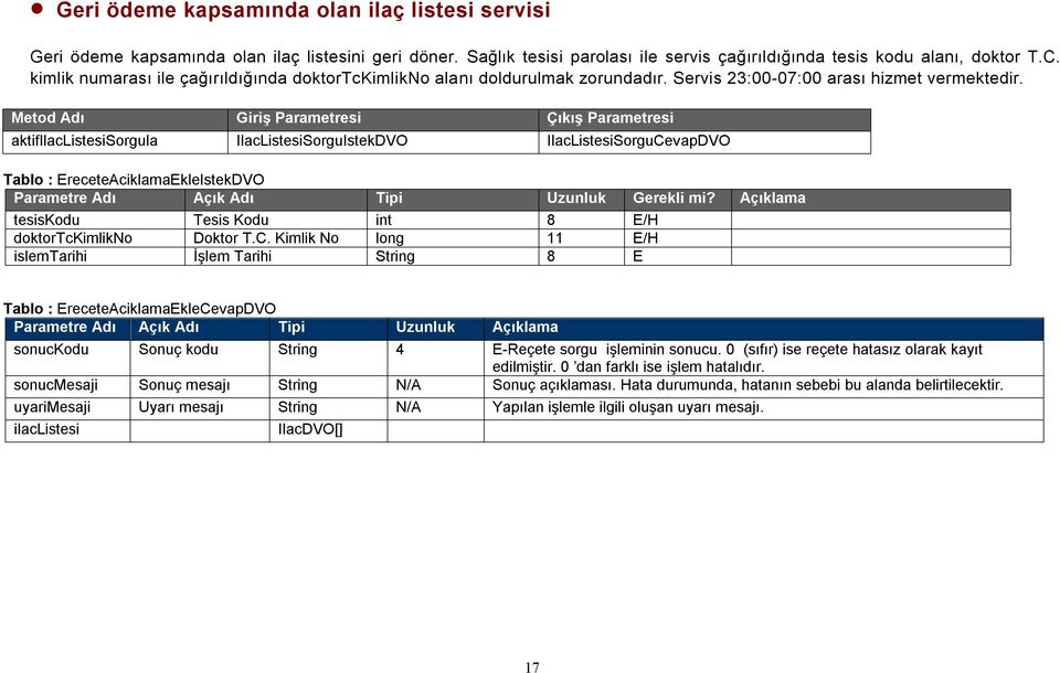 aktifilaclistesisorgula IlacListesiSorguIstekDVO IlacListesiSorguCevapDVO Tablo : EreceteAciklamaEkleIstekDVO Parametre Adı Açık Adı Tipi Uzunluk Gerekli mi?