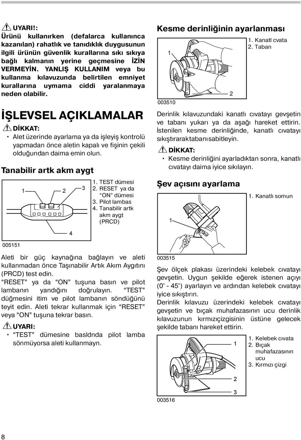 İŞLEVSEL AÇIKLAMALAR Alet üzerinde ayarlama ya da işleyiş kontrolü yapmadan önce aletin kapalı ve fişinin çekili olduğundan daima emin olun. Tanabilir artk akm aygt 3. TEST dümesi.