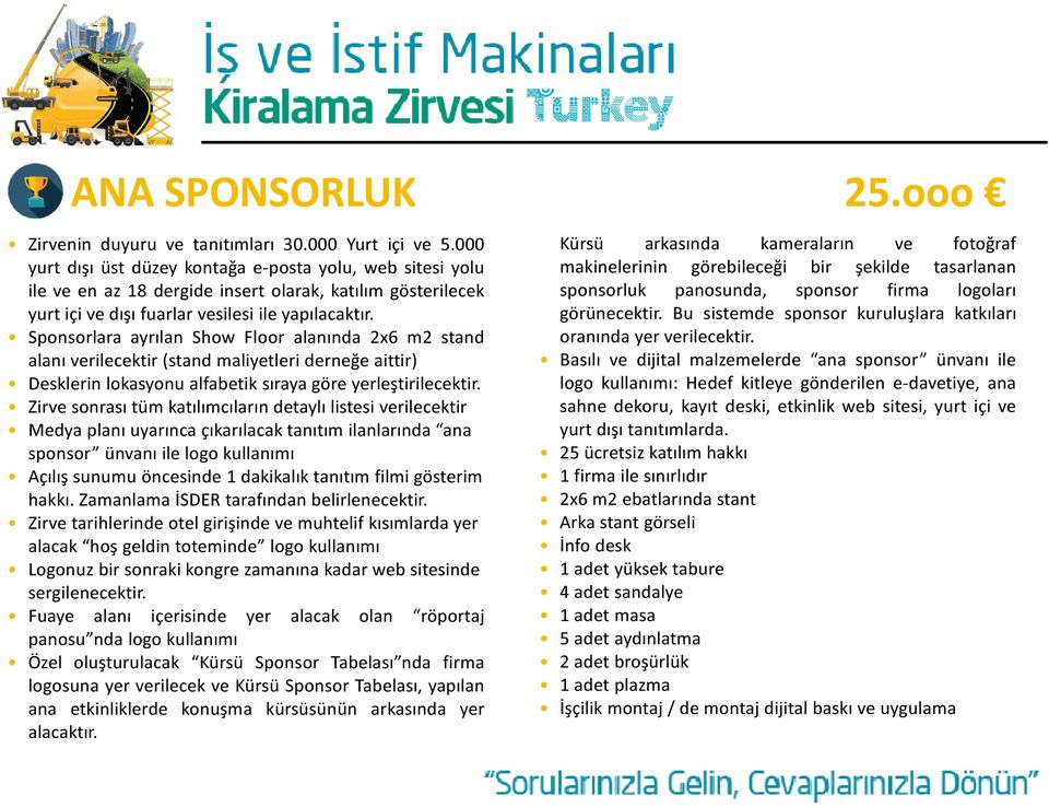 Sponsorlara ayrılan Show Floor alanında 2x6 m2 stand alanı verilecektir (stand maliyetleri derneğe aittir) Desklerin lokasyonu alfabetik sıraya göre yerleştirilecektir.